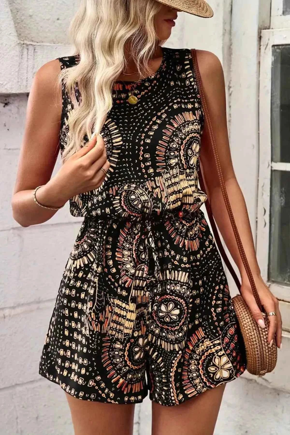 Boho Floral Print Sleeveless Summer Romper.