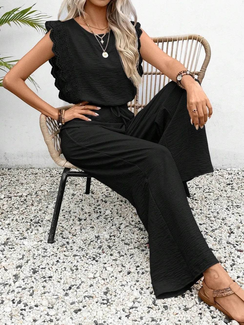 Lace Trim Round Neck Top and Pants Set - EBYNN