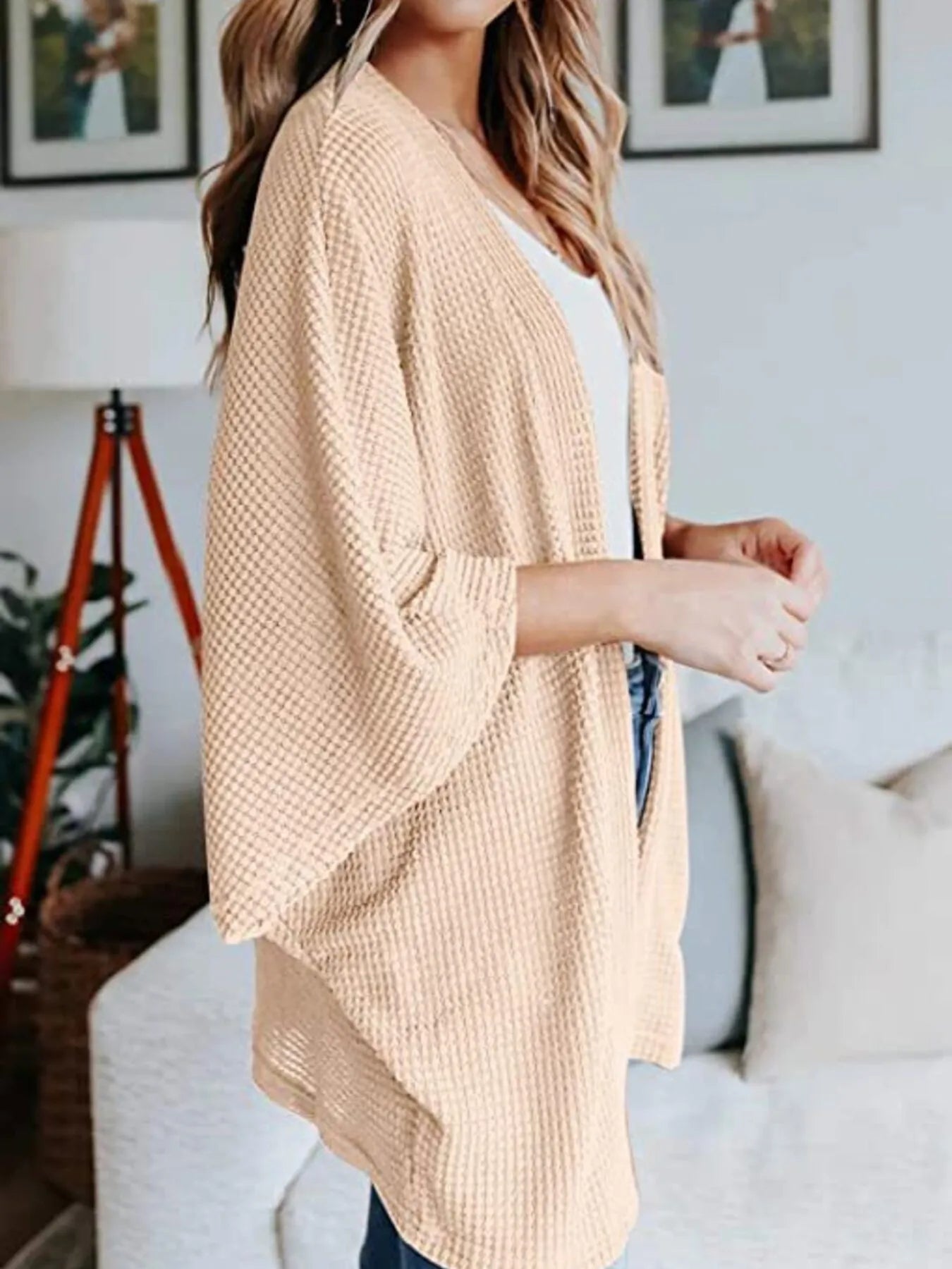 Plus Size Open Front Waffle Knit Cardigan.