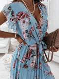 Floral Surplice Ruffled Cap Sleeve Dress.