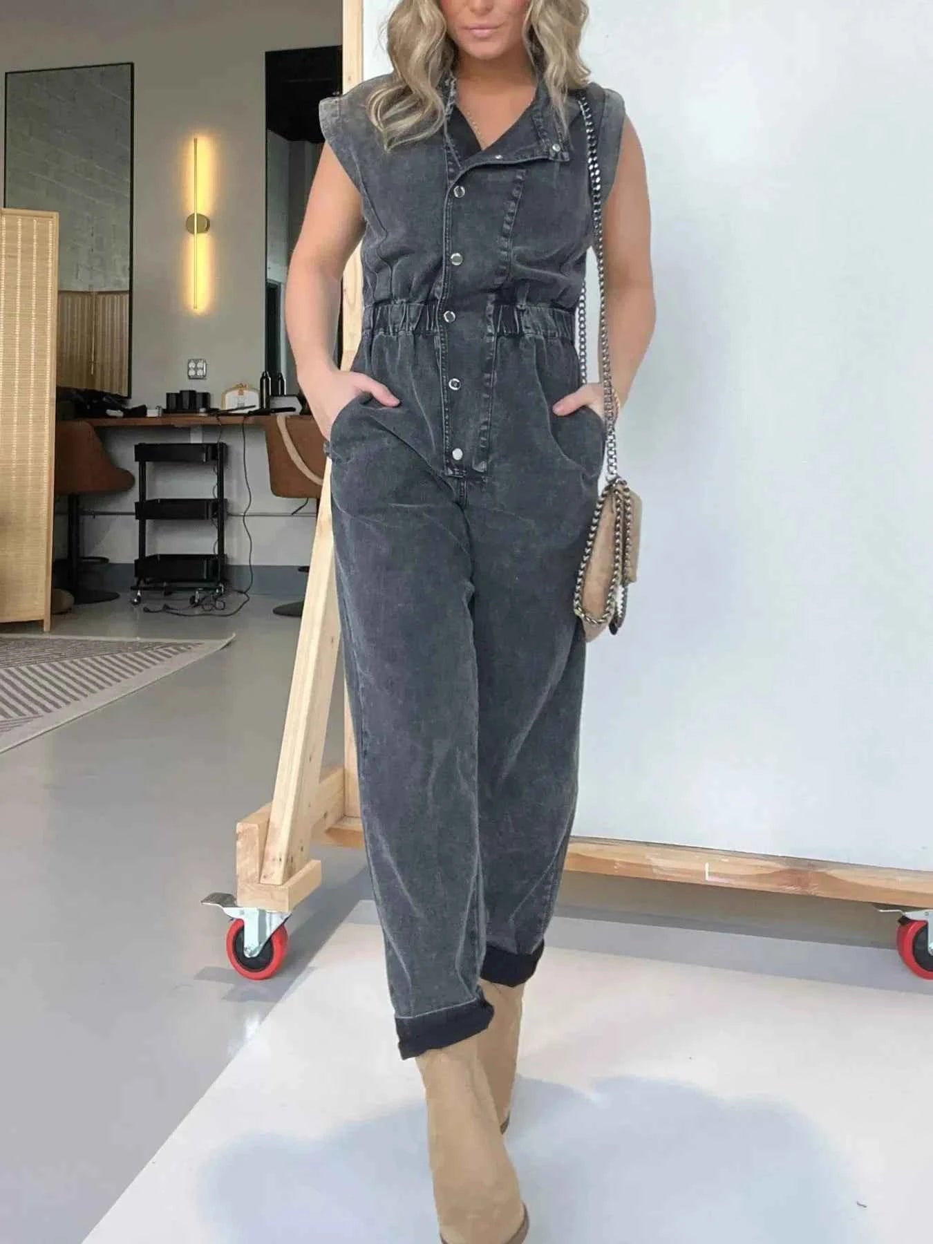 Plus Size Button Front Cap Sleeve Denim Jumpsuit.