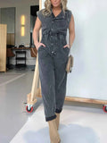 Plus Size Button Front Cap Sleeve Denim Jumpsuit.