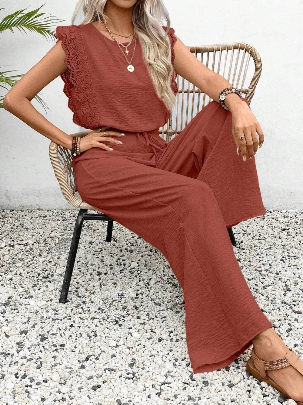 Lace Trim Round Neck Top and Pants Set - EBYNN