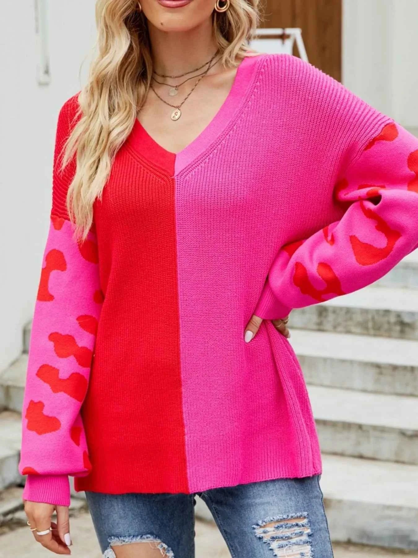 Color Block Leopard Print V-Neck Sweater.