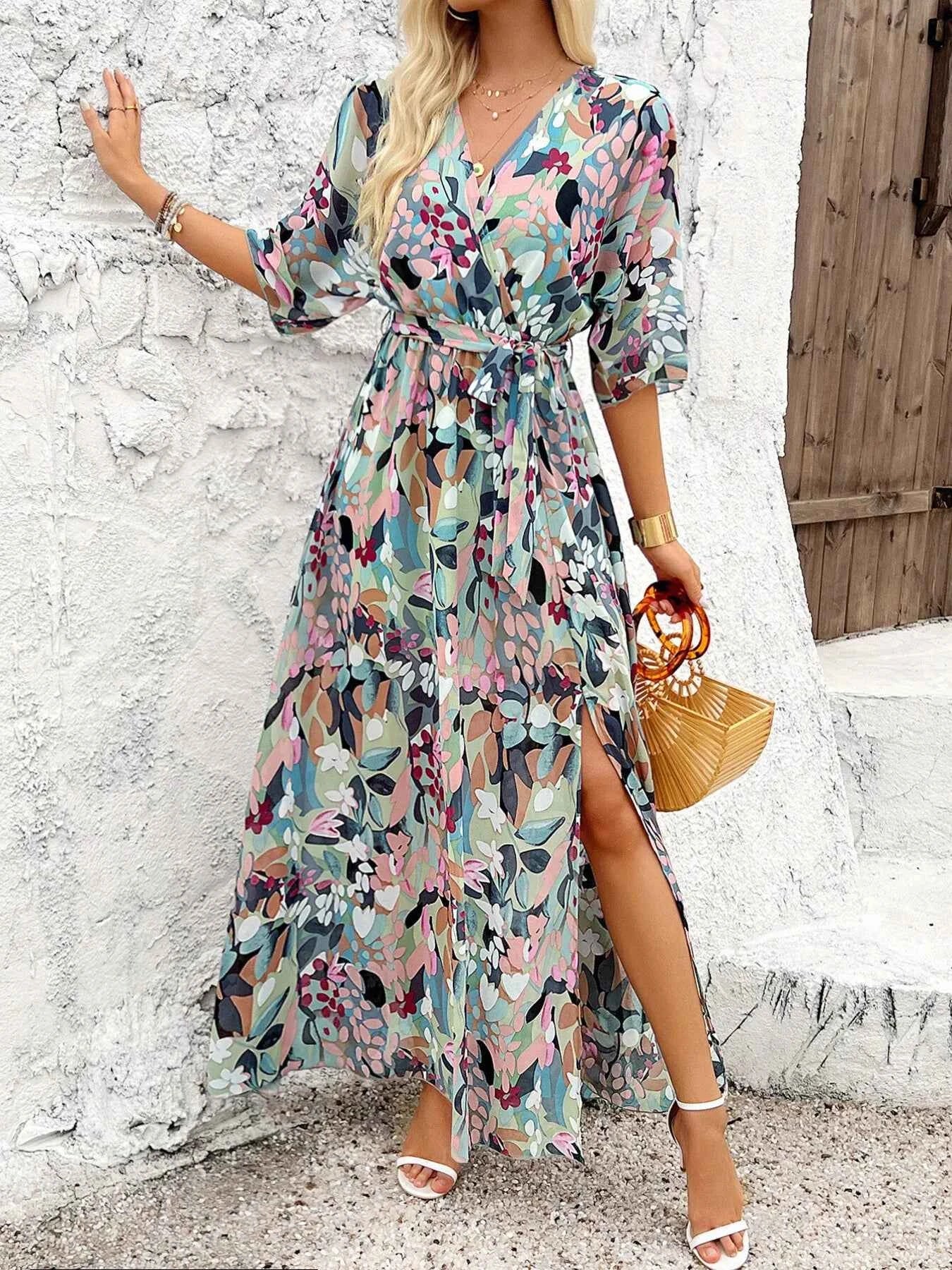Slit Printed Surplice Maxi Dress with Half Sleeves.