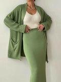Pocketed Long Sleeve Cardigan and Skirt Sweater Set.