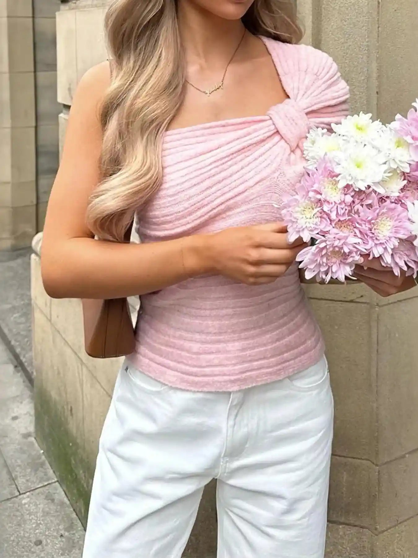 One Shoulder Ribbed Knit Sweater.