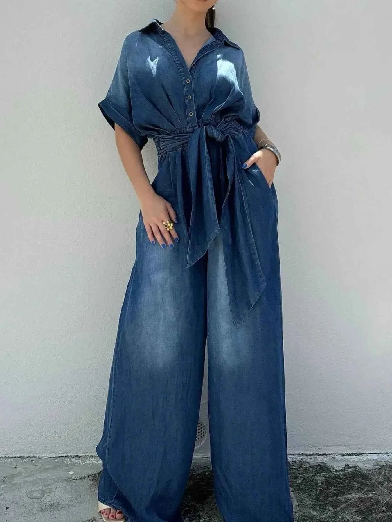 Button Front Wide Leg Denim Jumpsuit.
