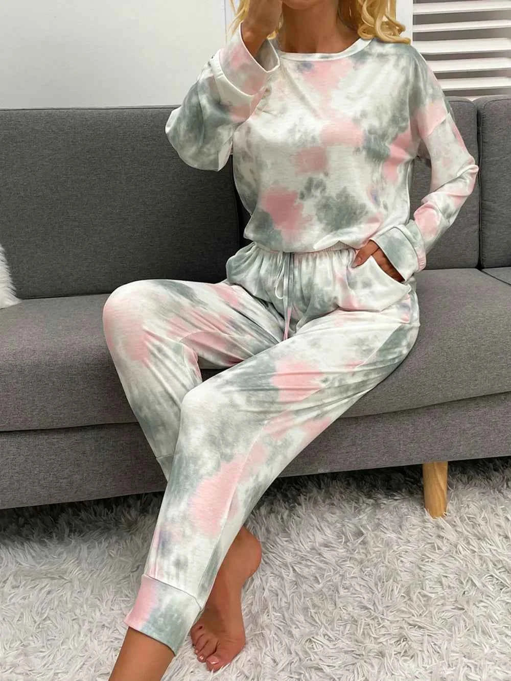 Shiny Tie-Dye Round Neck Top & Drawstring Pants Lounge Set.
