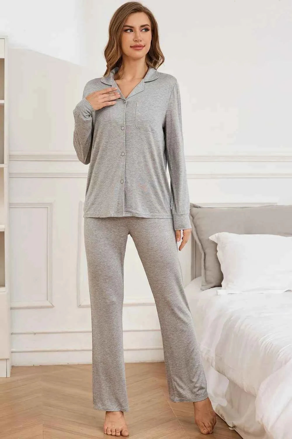 Button Up Long Sleeve Top & Pants Lounge Set.