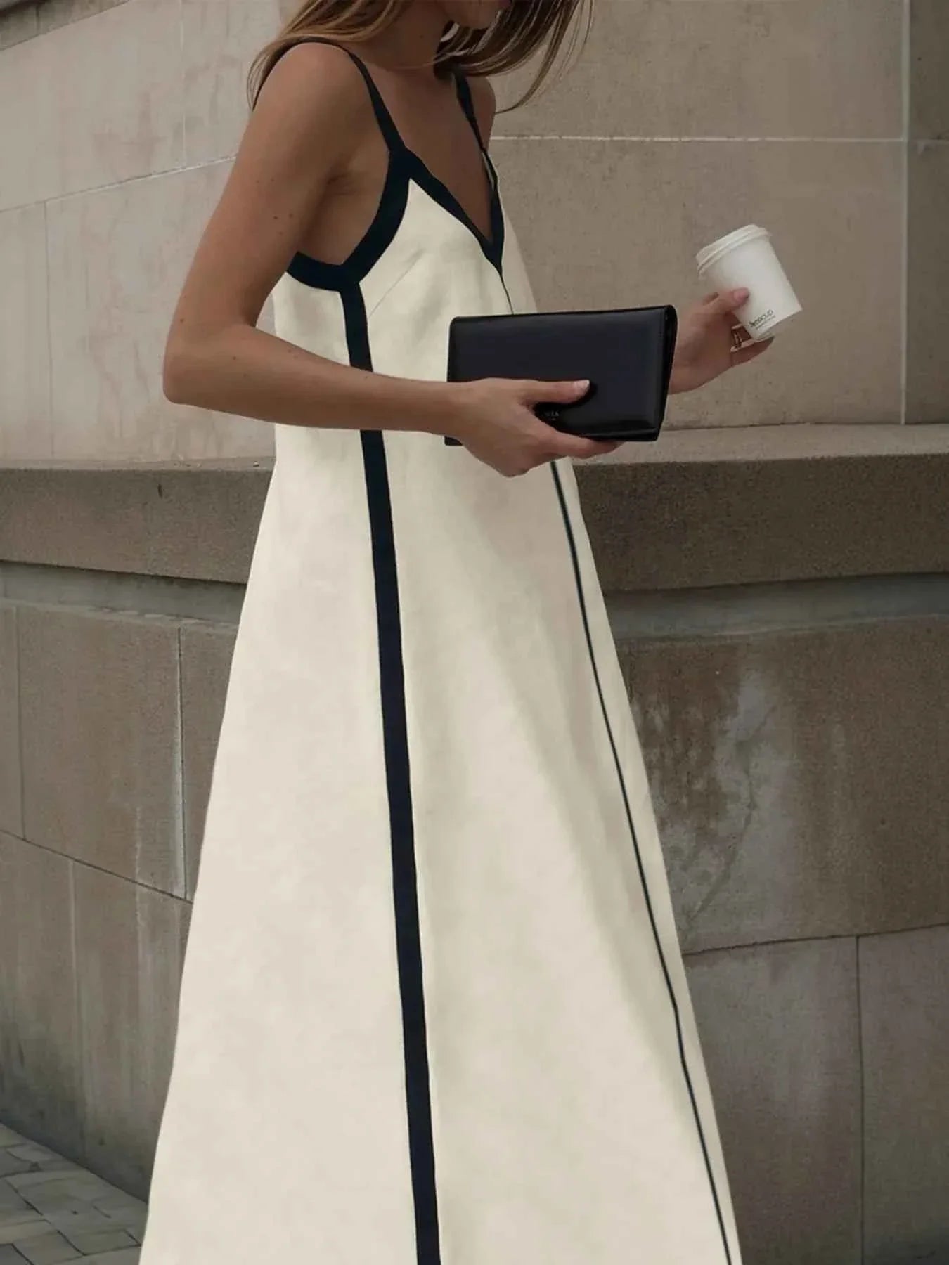 Contrast Trim V-Neck Maxi Dress.