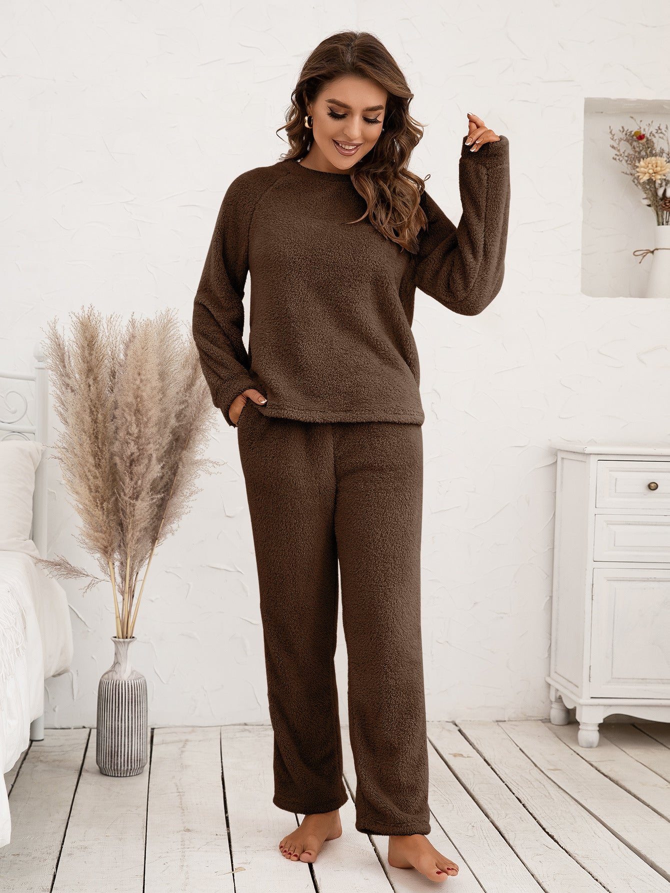 Ivy Lane Teddy Long Sleeve Top and Pants Lounge Set.
