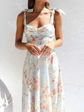 Floral Tie-Strap Sweetheart Neck Midi Dress.
