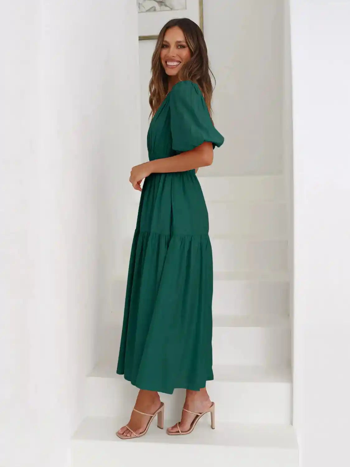 Tiered Surplice Half Sleeve Midi Dress.