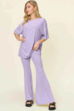 Double Take T-Shirt and Pants Set: Full Size Round Neck Drop Shoulder Style with Flare Pants - EBYNN