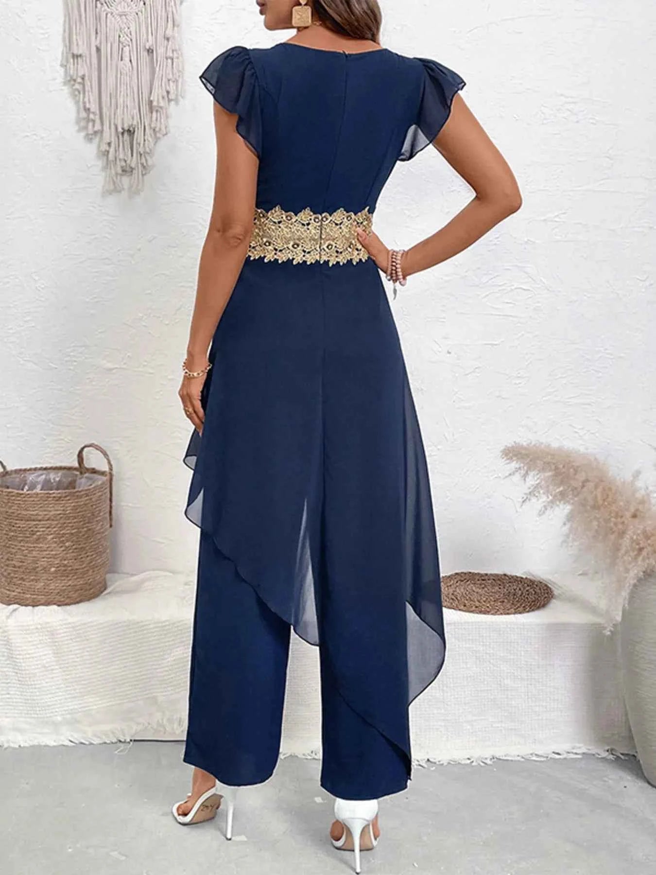 V-Neck Wide Leg Jumpsuit with Ruffles.