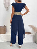 V-Neck Wide Leg Jumpsuit with Ruffles.