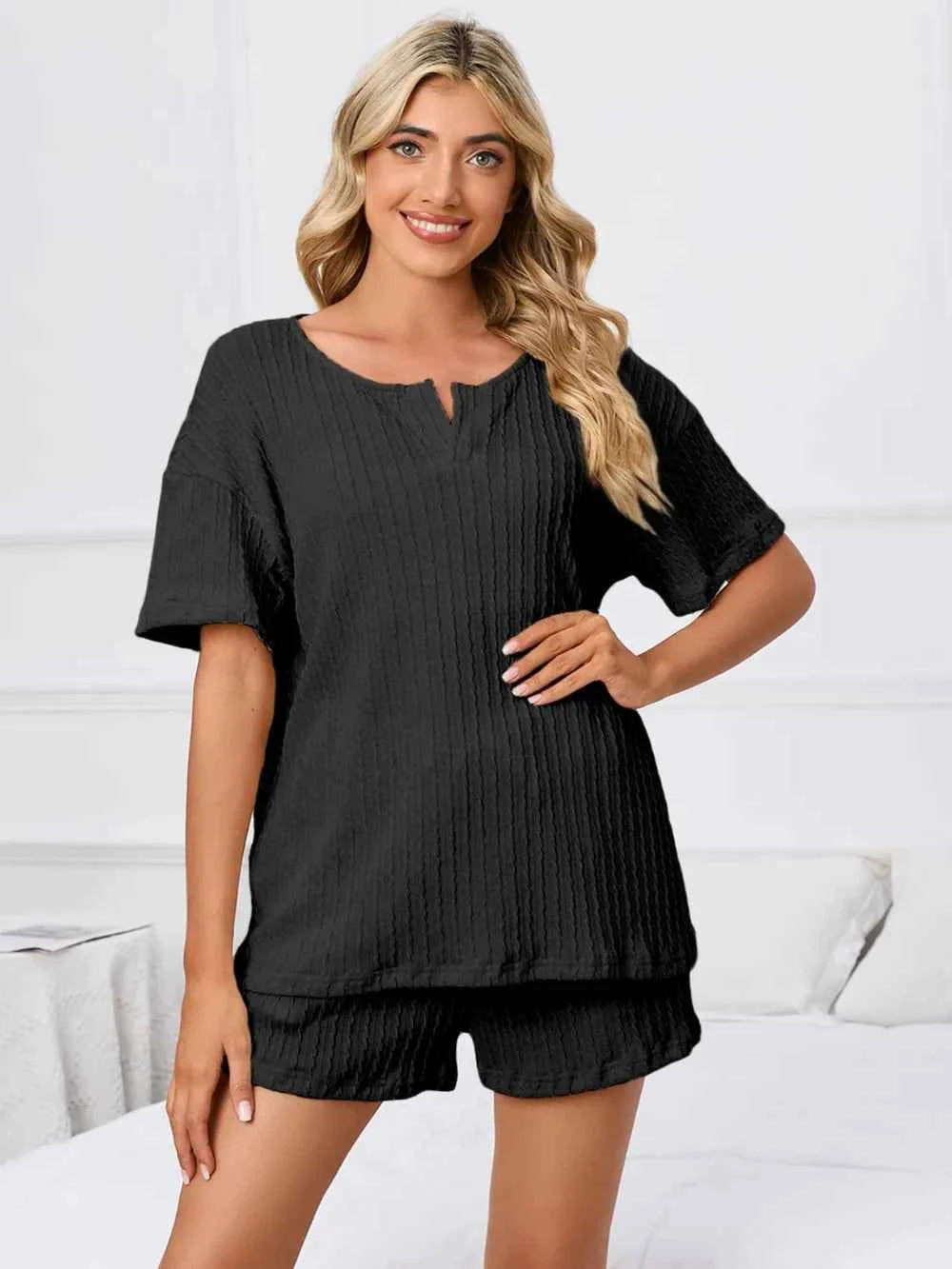 Notched Short Sleeve and Shorts Lounge Set.