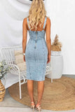 Side Slit Washed Denim Dress with Scoop Neck.