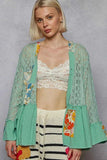 Mint Green Lace Ruffled Hem Open Front Cardigan.