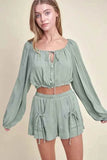 MABLE Gauze Long Sleeve Button Crop Top and Shorts Set - EBYNN