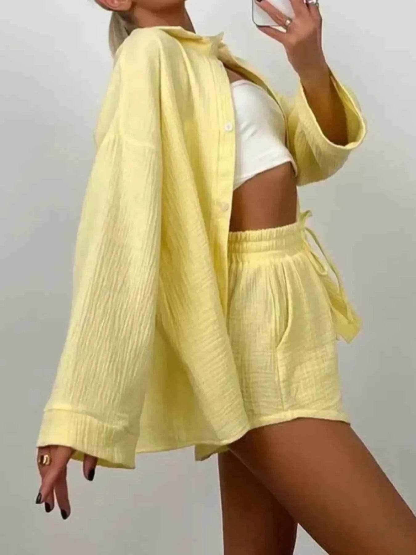 Texture Button Up Shirt and Shorts Set - EBYNN