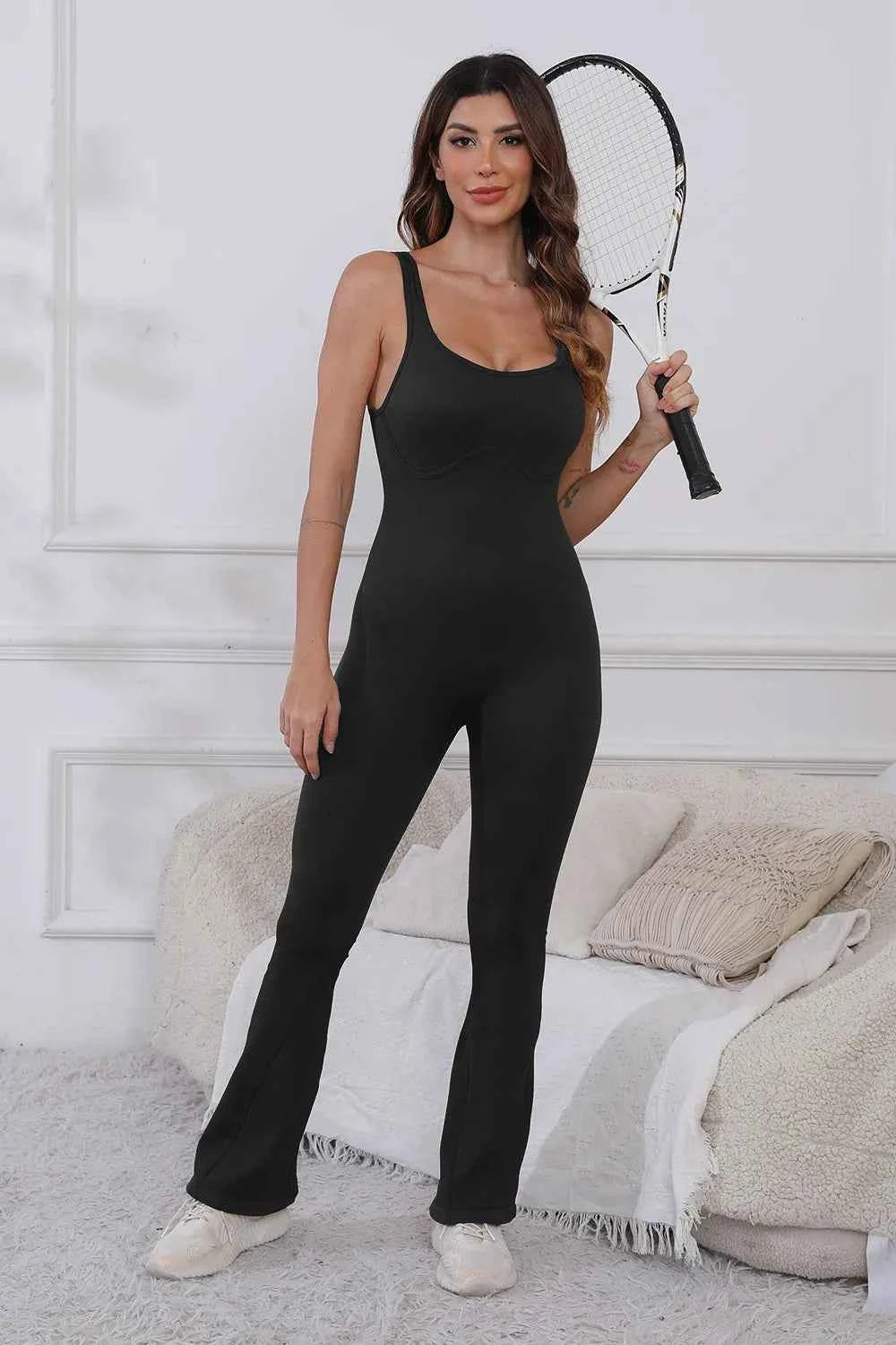 Scoop Neck Wide Strap Active Jumpsuit.