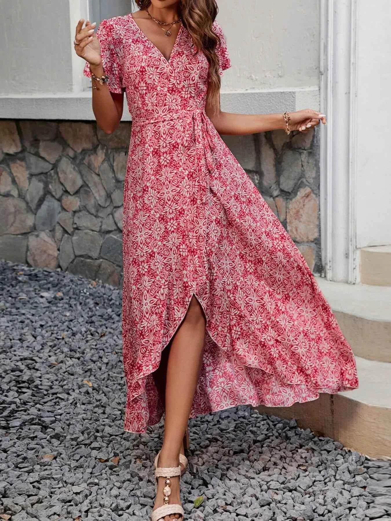 Printed Surplice Maxi Dress with Flutter Sleeves.