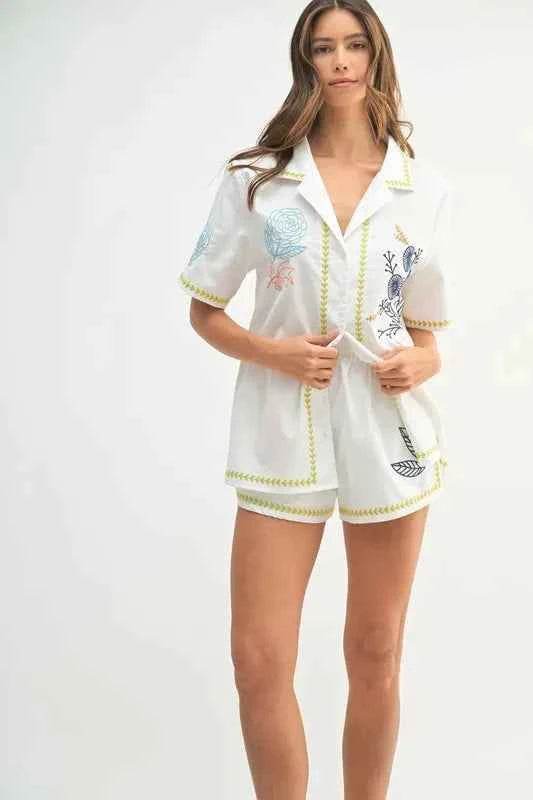 MABLE Embroidered Button Down Shirt & Shorts Set - EBYNN