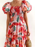 Floral Smocked Puff Sleeve Tiered Dress.