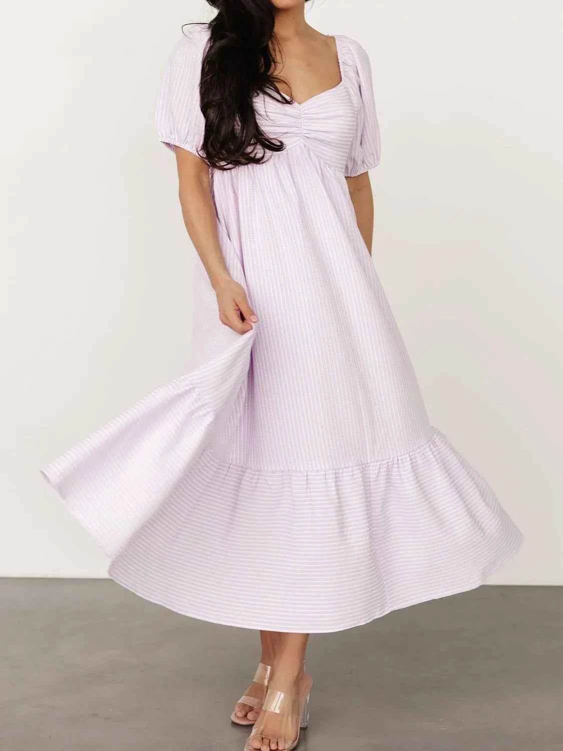 Striped Sweetheart Neck Puff Sleeve Midi Dress.