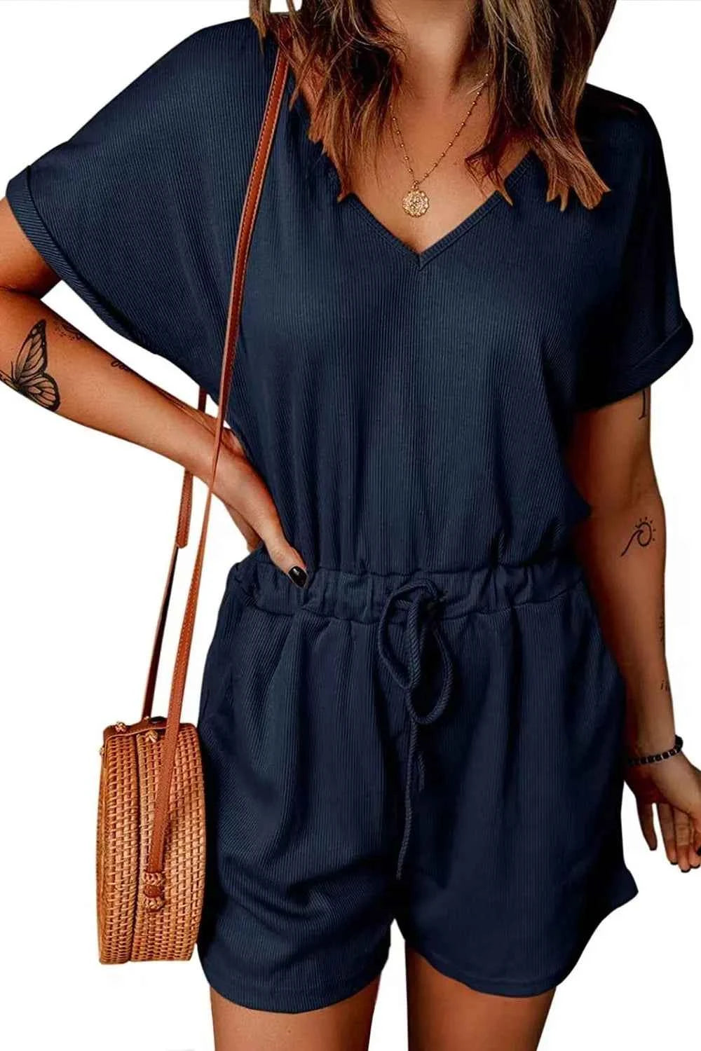 Full Size Drawstring V-Neck Short Sleeve Romper.