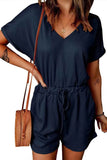 Full Size Drawstring V-Neck Short Sleeve Romper.