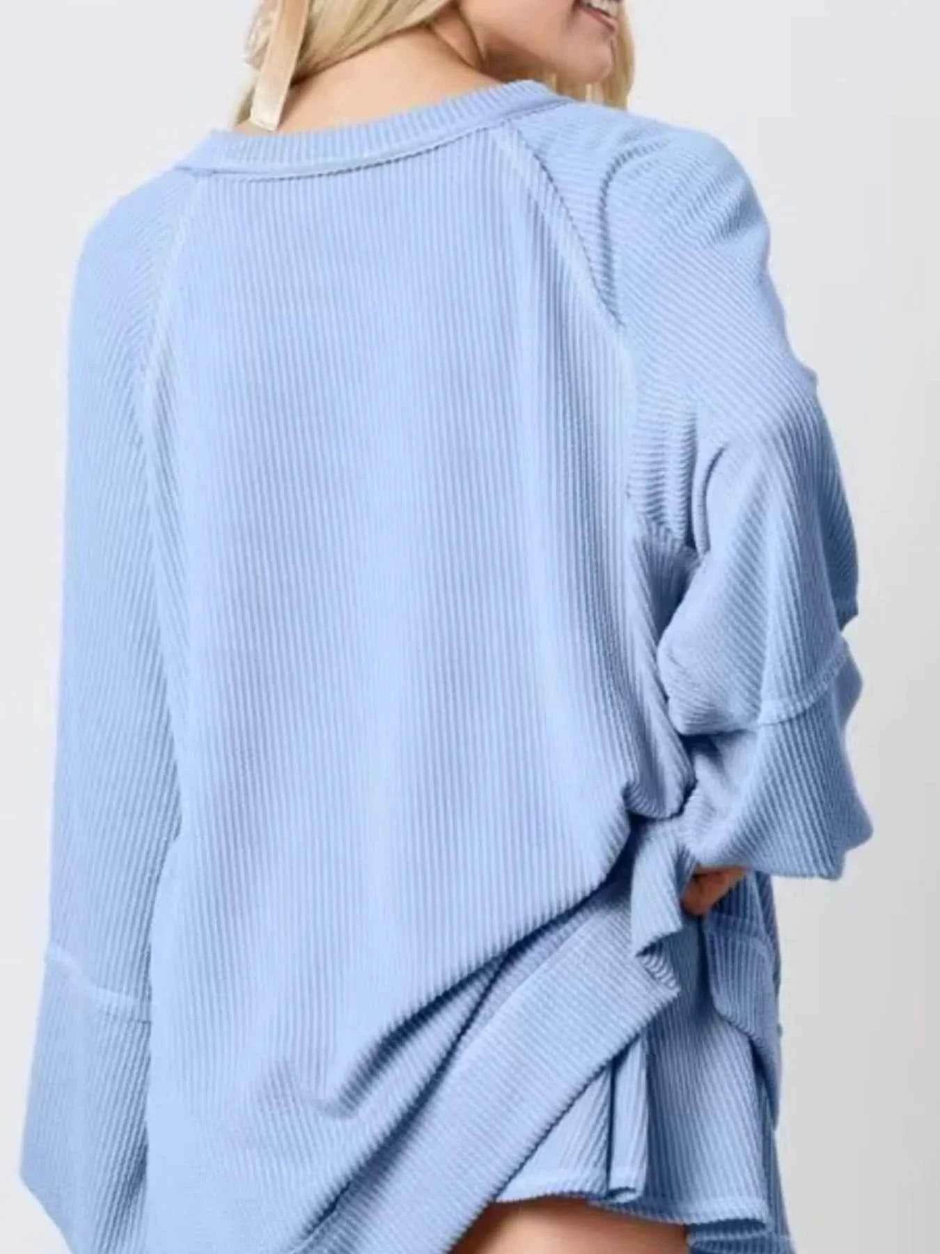 Ribbed Knit Balloon Sleeve Top and Skirt Set - EBYNN