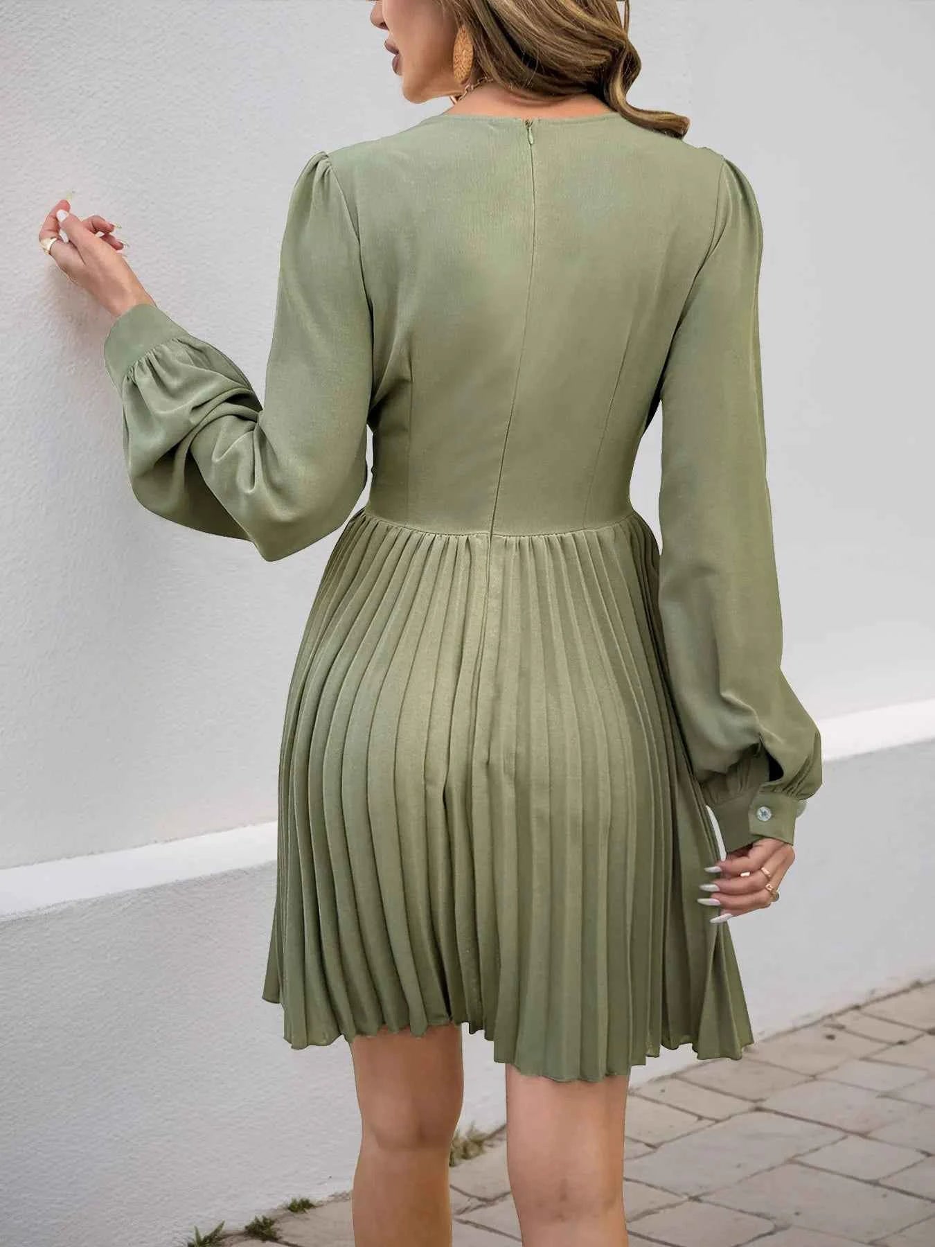 Pleated Long Sleeve V-Neck Dress.