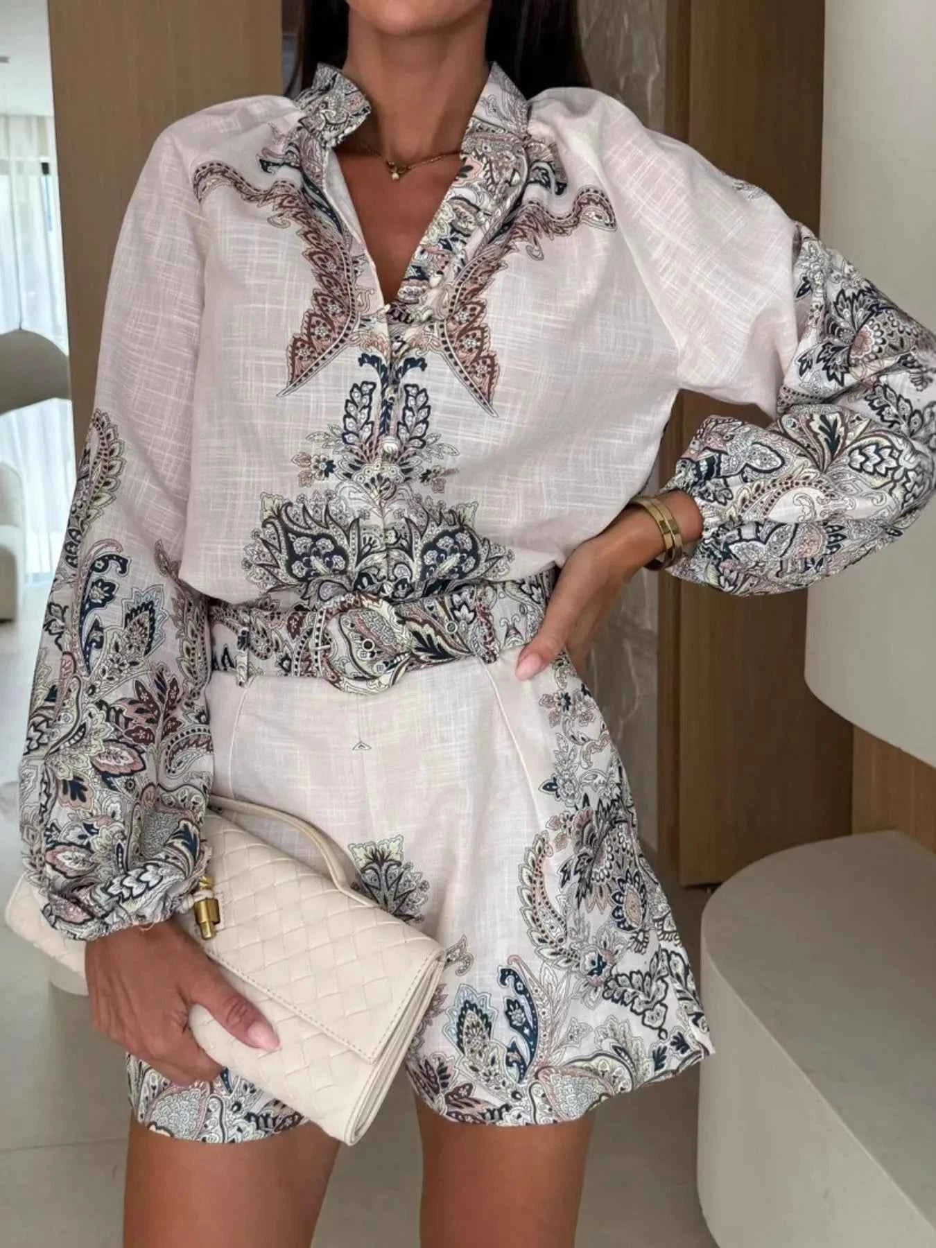 Printed Long Sleeve Shirt and Shorts Set.