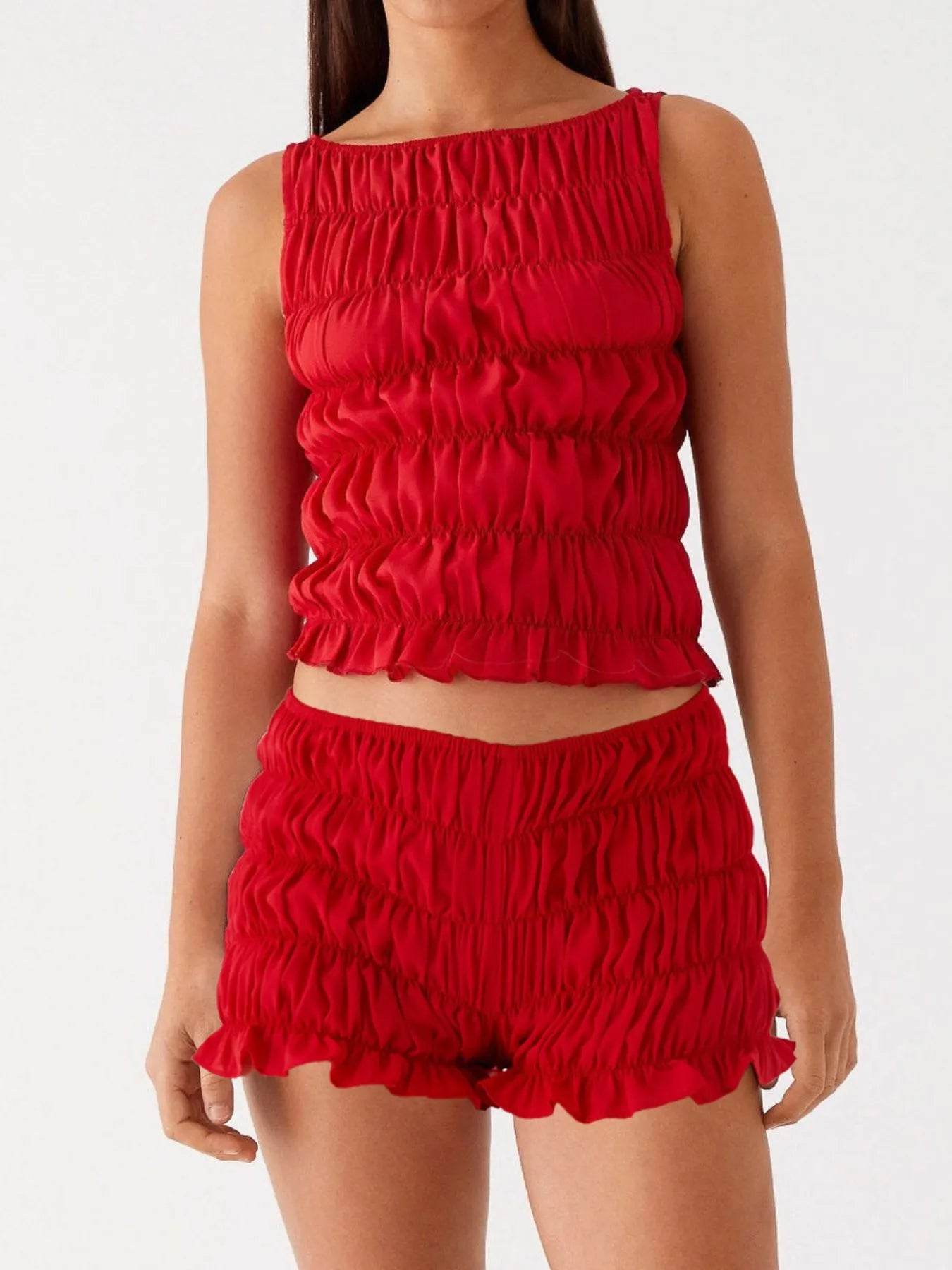 Ruched Texture Tank and Shorts Two-Piece Set - EBYNN