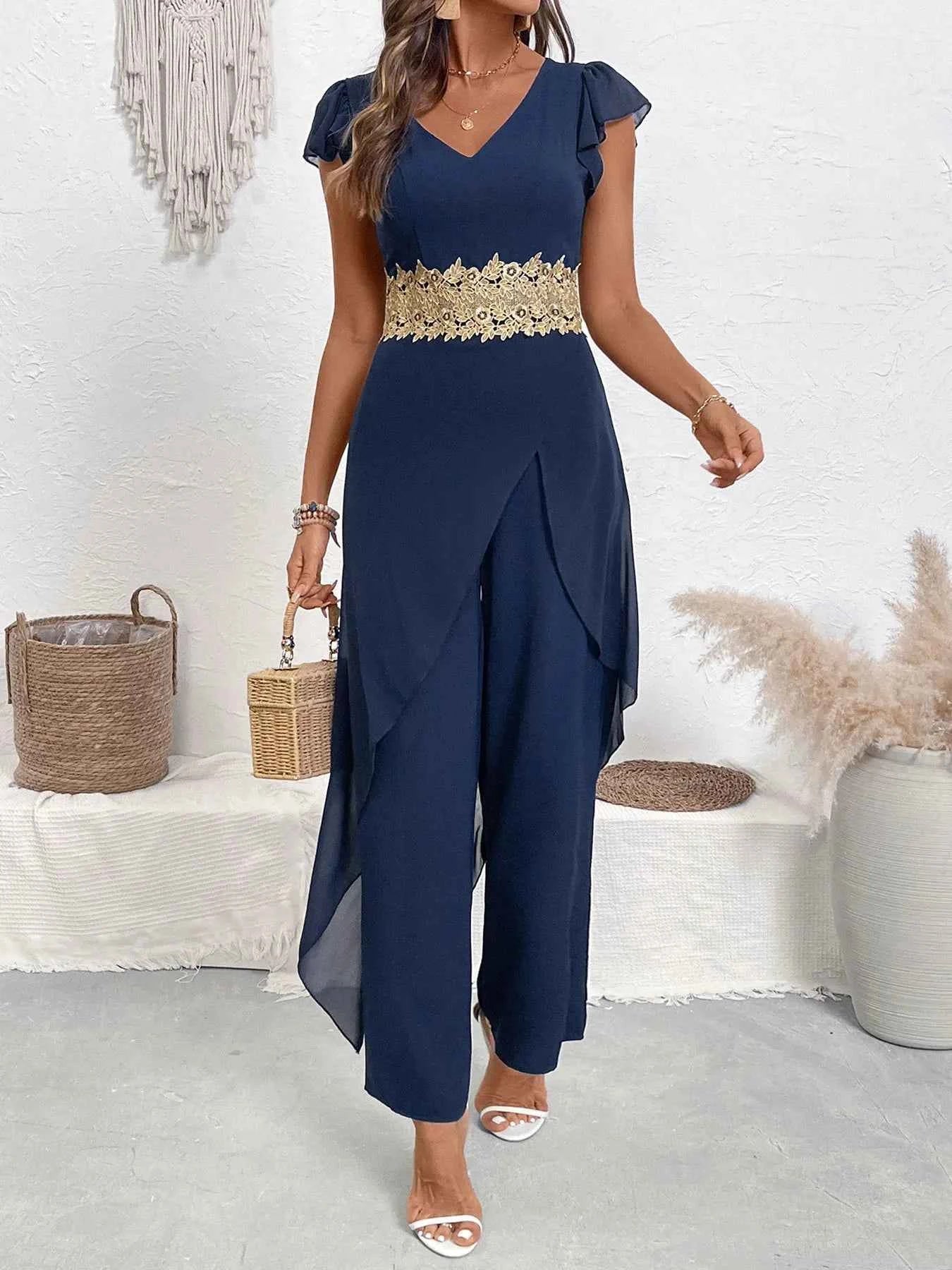 V-Neck Wide Leg Jumpsuit with Ruffles.