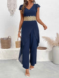 V-Neck Wide Leg Jumpsuit with Ruffles.