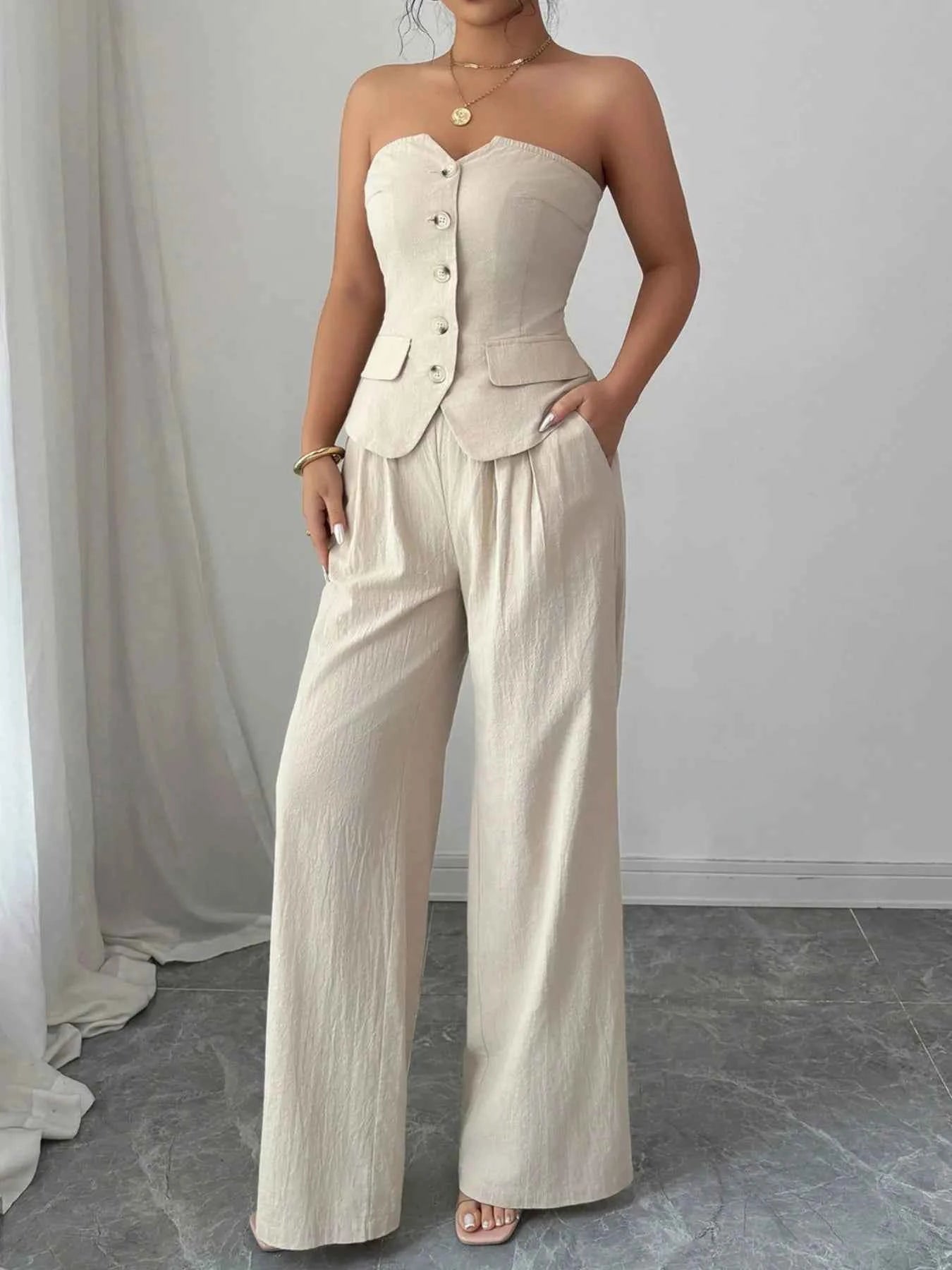 Button Down Tube Top and Pants Set.