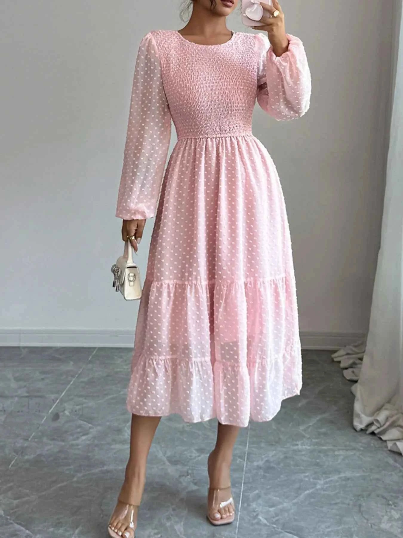 Polka Dot Long Sleeve Tiered Midi Dress.