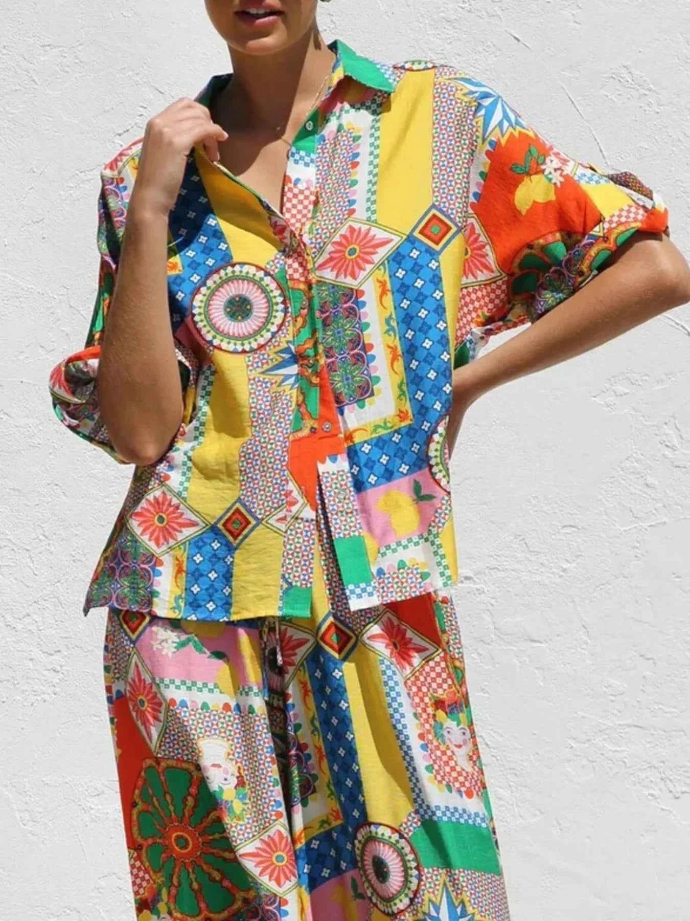 Printed Button Up Shirt and Pants Set.