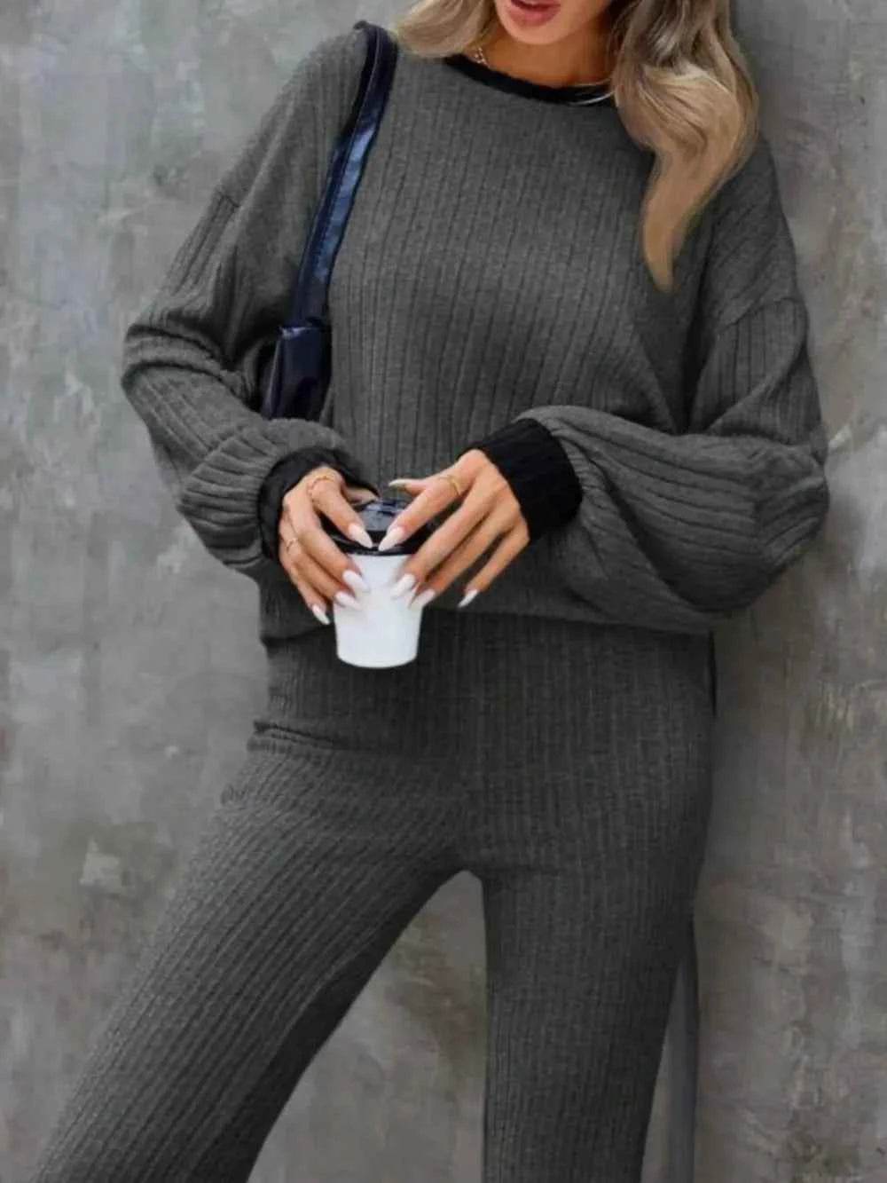 Contrast Round Neck Long Sleeve Top & Bootcut Pants Set.