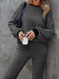 Contrast Round Neck Long Sleeve Top & Bootcut Pants Set.