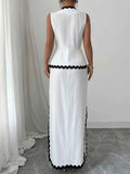 Contrast Scalloped Trim Sleeveless Top & Skirt Set.