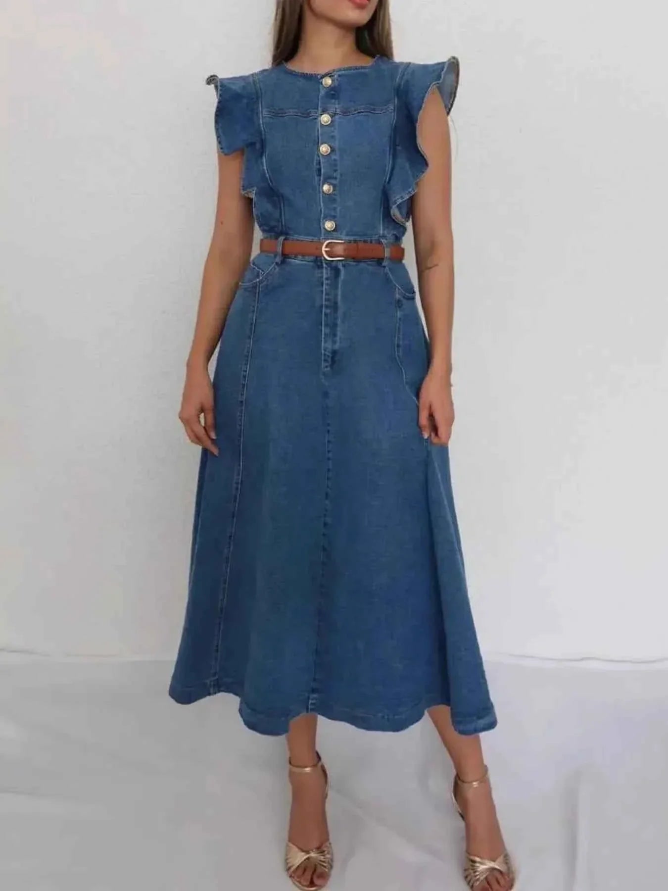 Button-Front Ruffle Sleeve Denim Midi Dress.