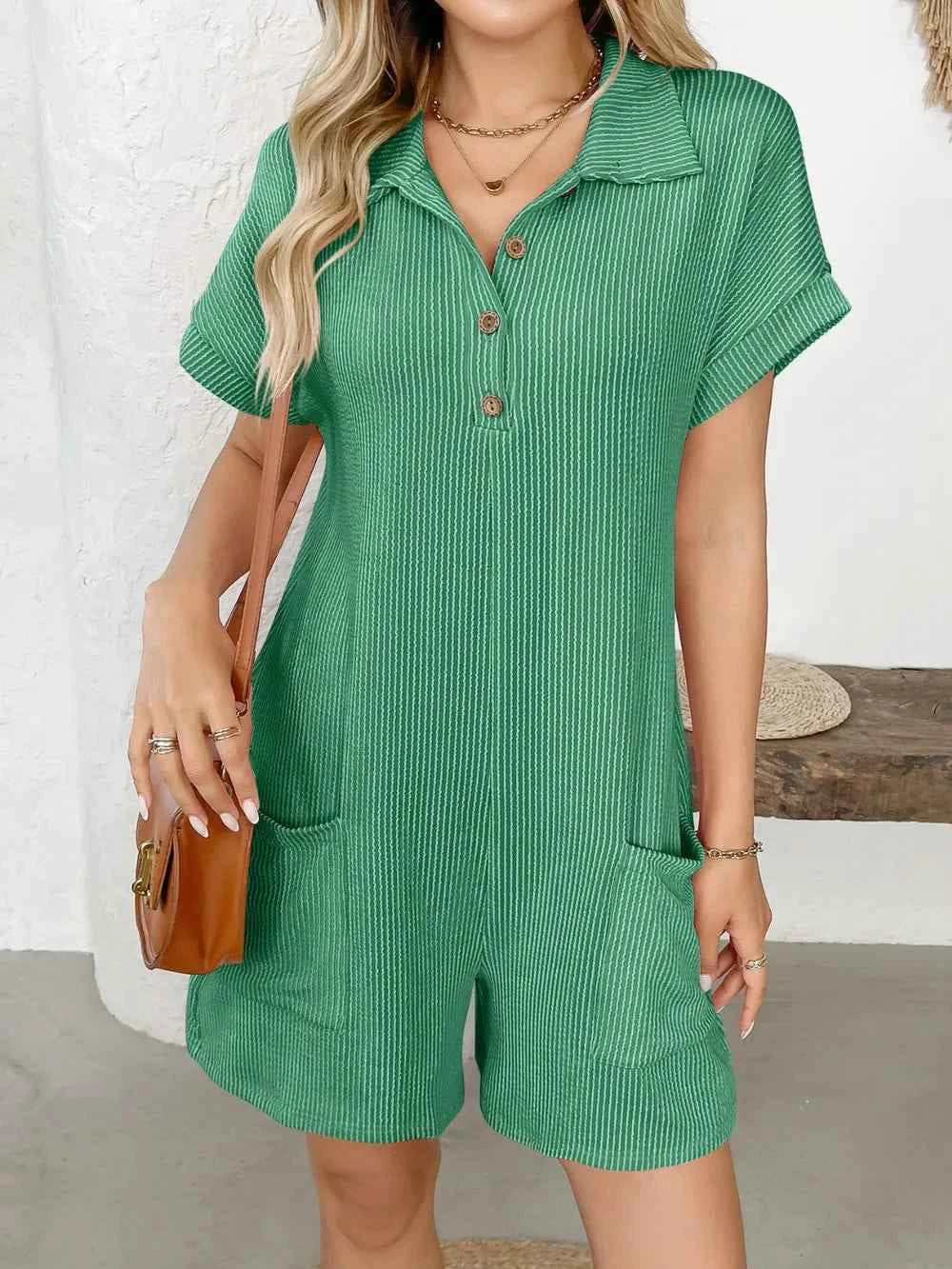 Button Detail Collared Neck Short Sleeve Romper.