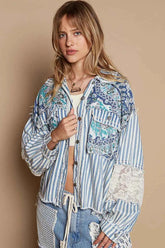 POL Printed Woven Mix Raw Hem Jacket with Lace Detail.