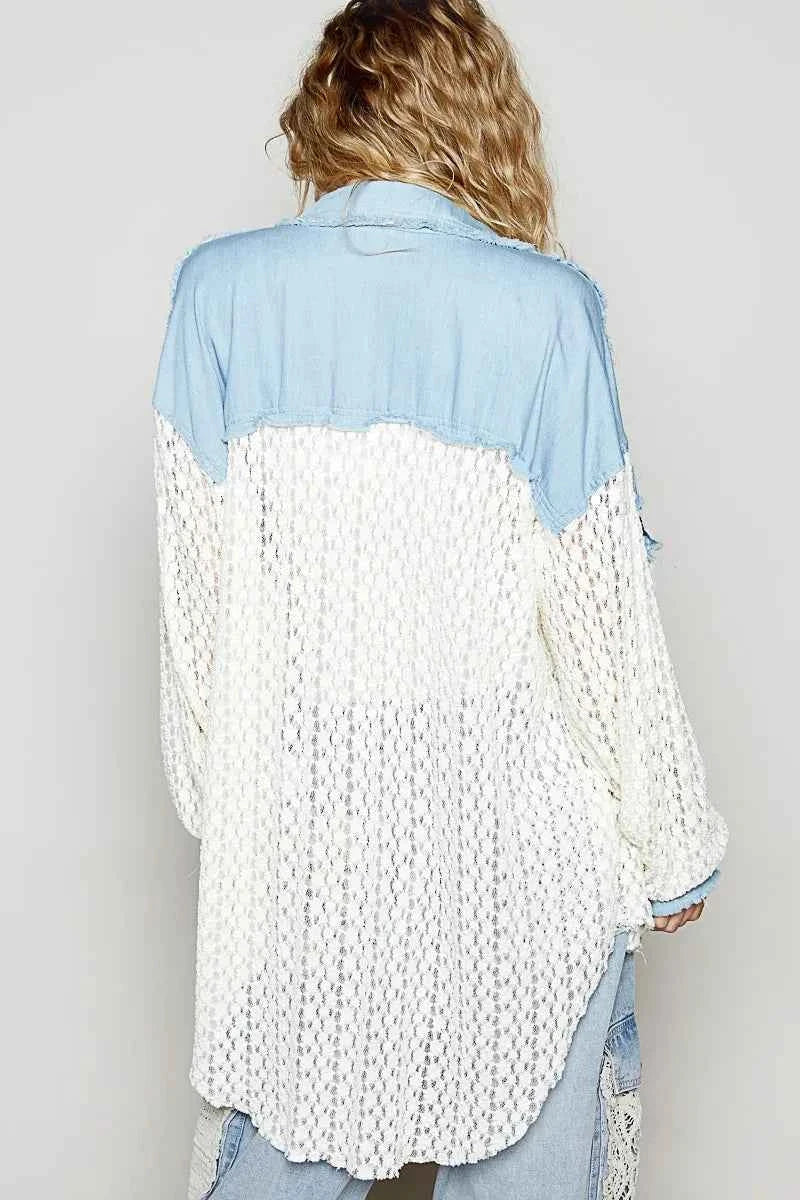 POL High-Low Denim Patchwork Lace Shirt.