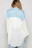 POL High-Low Denim Patchwork Lace Shirt.